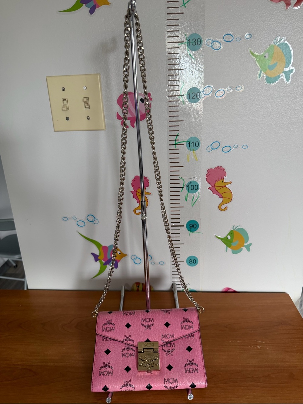 MCM Pink Monogram Chain Shoulder Bag for Kids